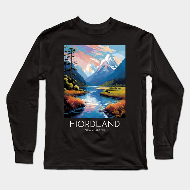 A Pop Art Travel Print of Fiordland National Park - New Zealand Long Sleeve T-Shirt by Studio Red Koala